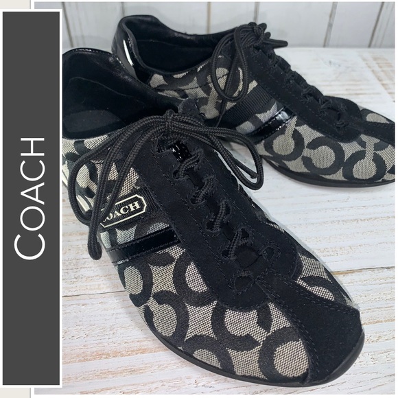 Coach Shoes - Coach “Kathleen” Sneakers Signature “C” Design, Black Suede, Patent Leather 7M